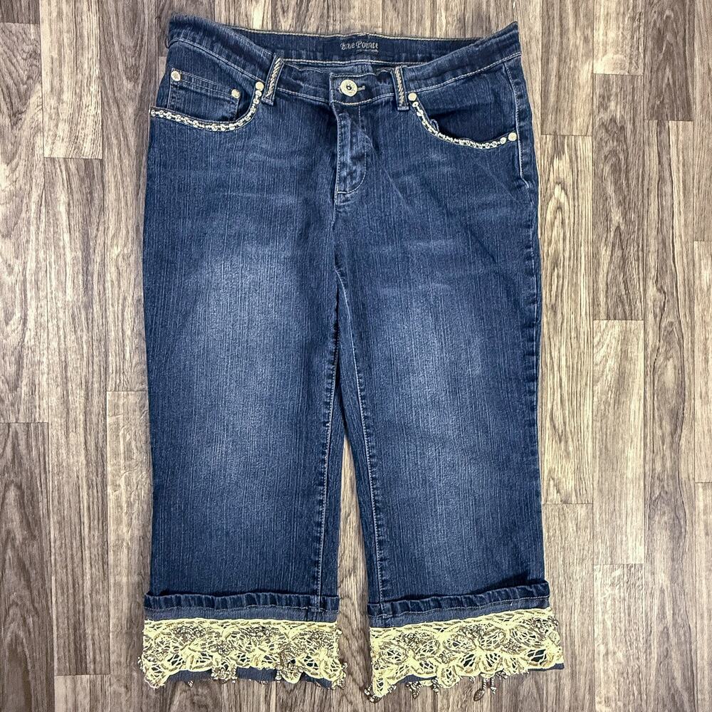 Blue Pointe Authentic Denim Embellished Lace-Trimmed Capri Jeans Y2K Retro